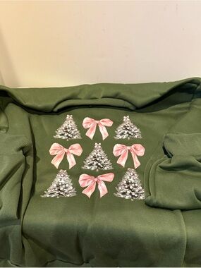 Pretty Green Holiday Sweatshirt with Pink Bows and Trees- Size XL- NWOT